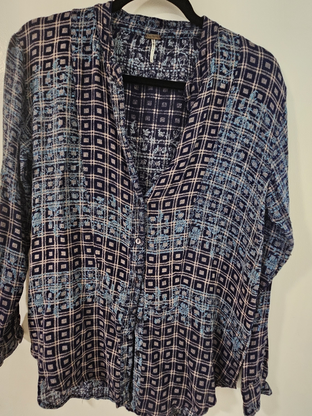 Free People Navy and Light Blue Printed Button-Front Shirt